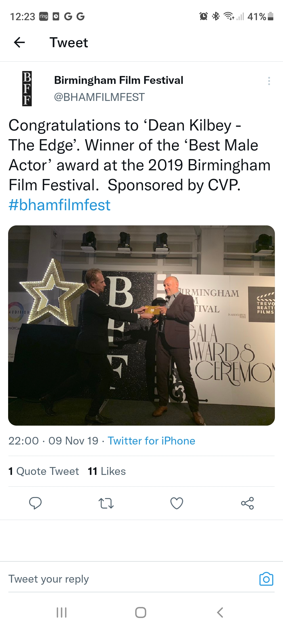 Best Actor award  Birmingham film festival 2019